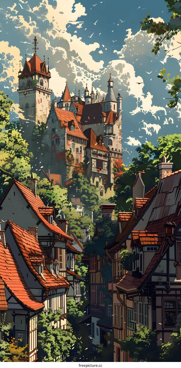 European style buildings with red roofs and green trees