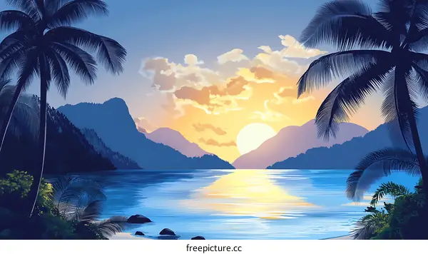 Peaceful Tropical Sunset Landscape Illustration