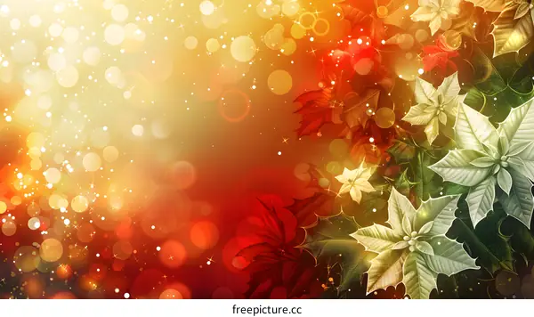 Christmas poinsettia flowers with red and gold bokeh background
