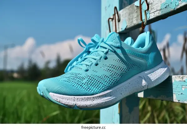 A pair of blue running shoes hanging on a wooden fence in the countryside