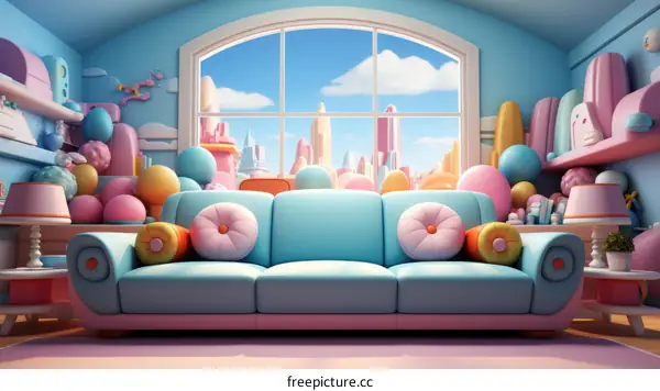 A Whimsical and Colorful Living Room with a Large Window