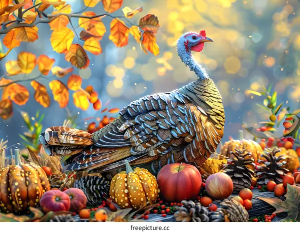A Thanksgiving turkey sits among pumpkins and gourds.