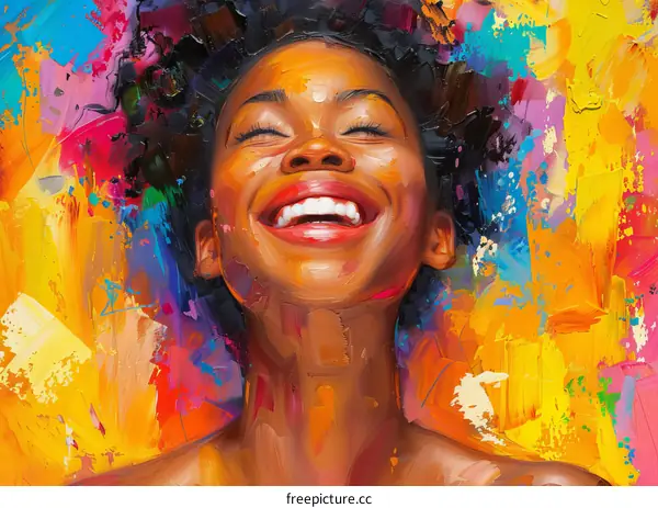 A painting of a happy African woman with colorful background