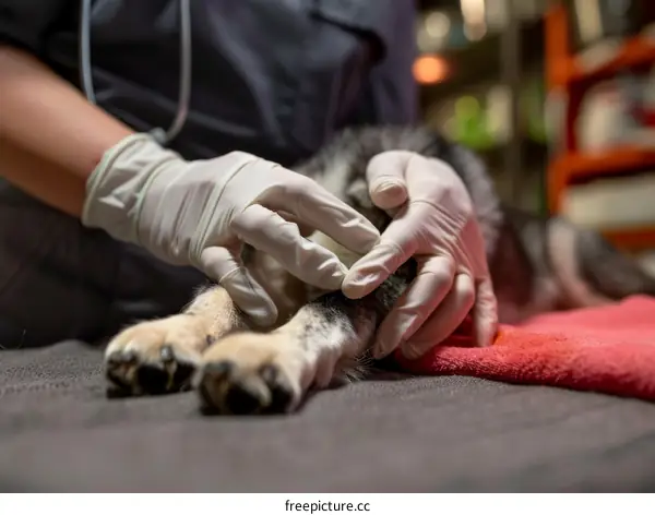 Close-up Of A Veterinarian Examining A Dog's Paw