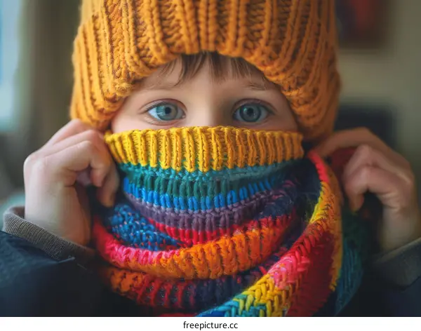 Little Boy Wearing Knitted Hat and Rainbow Scarf