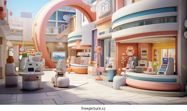 A colorful 3D illustration of a futuristic city street with various shops