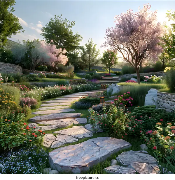 A stone path winds through a lush garden with colorful flowers and trees.