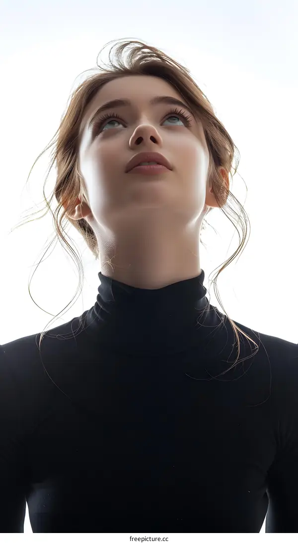 portrait of a beautiful young woman with long brown hair wearing a black turtleneck sweater looking up at the sky