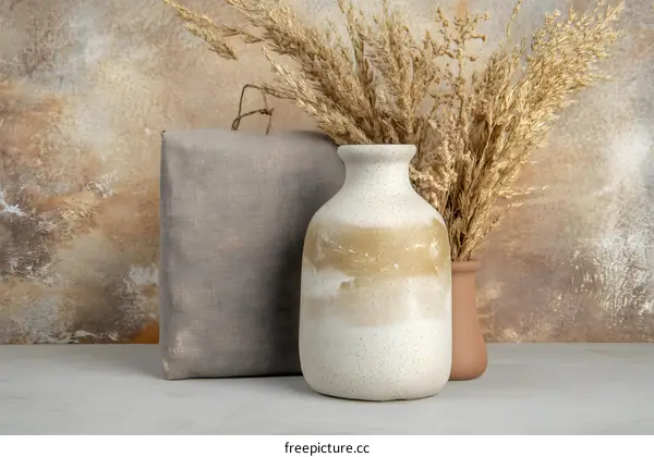 Ceramic Vase With Dried Flowers and Fabric Book On White Table
