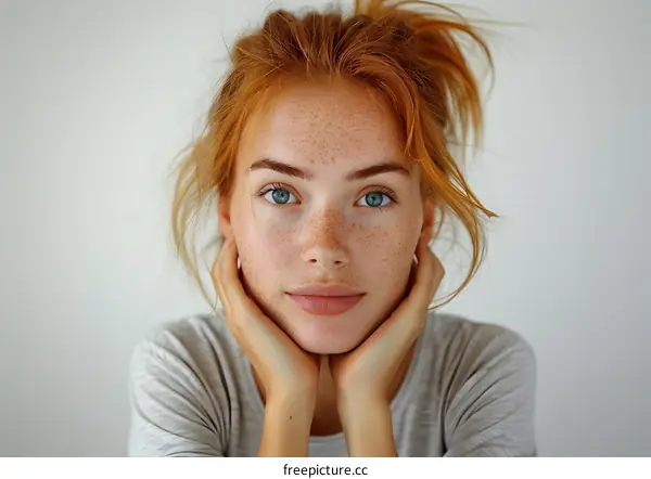 Portrait of a young woman with red hair and freckles