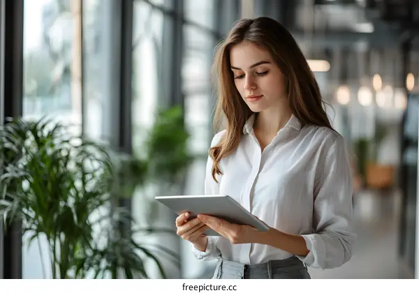 Young Woman in White Shirt Using Tablet