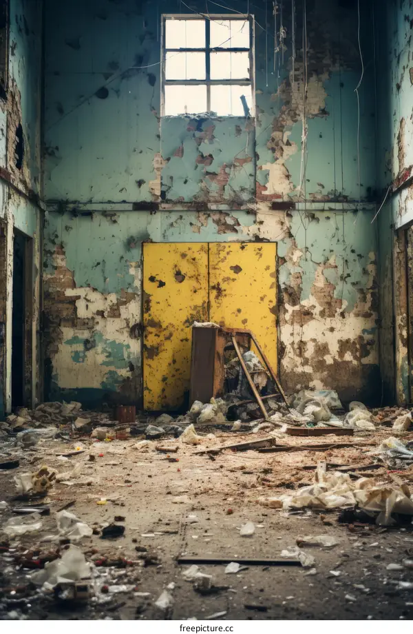 Rundown and abandoned building interior with yellow door