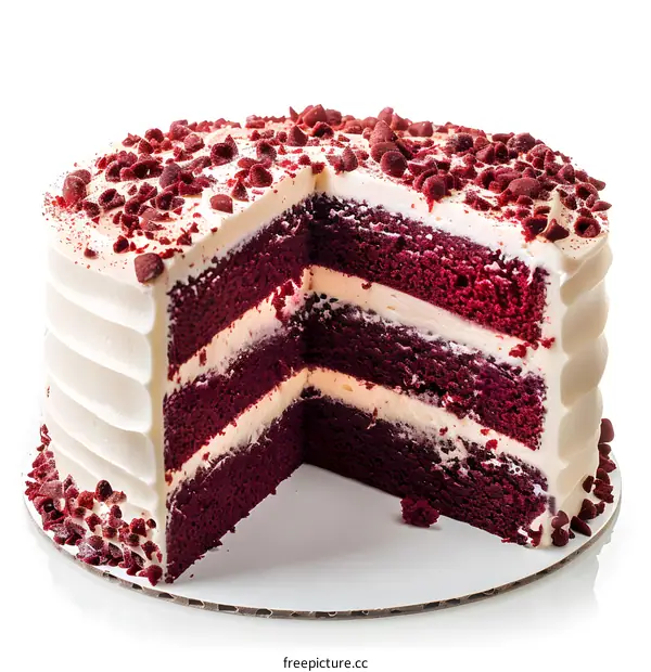 A delicious red velvet cake with cream cheese frosting and red velvet cake crumbs on top
