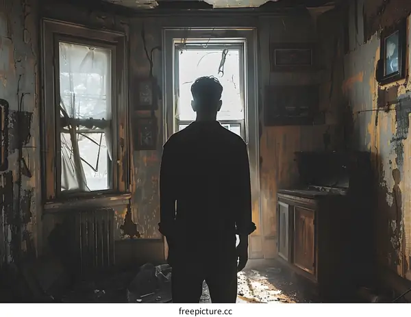 Man standing in a ruined room with a large window