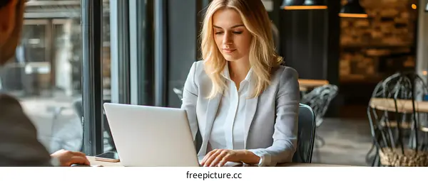 Young Caucasian Woman Working on Laptop in Cafe