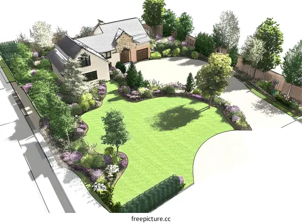 House Garden Landscape Design With Front Yard Lawn And Driveway