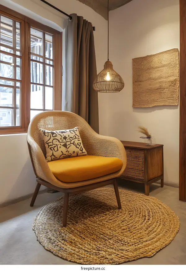 Rattan Chair and Round Rug in a Cozy Living Room