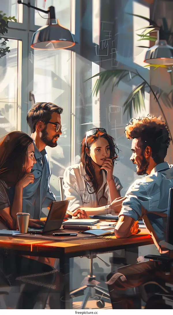 A group of people are sitting around a table having a meeting
