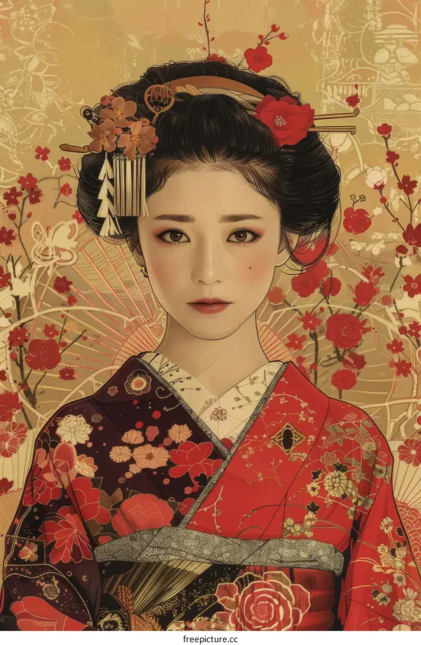 Japanese Woman in Traditional Kimono with Cherry Blossoms Background