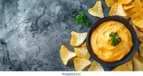 Bowl of cheese dip with tortilla chips