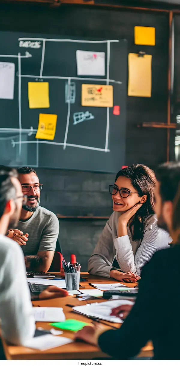 Group of People Meeting Around a Table with Papers and Sticky Notes