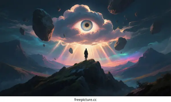 A Person Standing on a Mountain Peak Under a Cloud with a Big Eye
