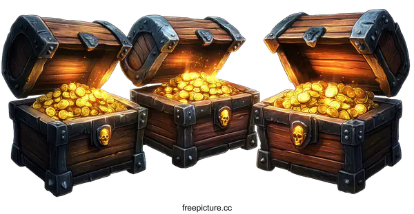[Transparent Background PNG]Three Open Treasure Chests Filled with Gold Coins