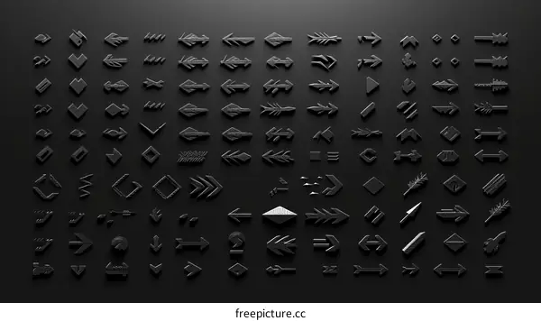 A collection of 3D rendered black arrows on a black background