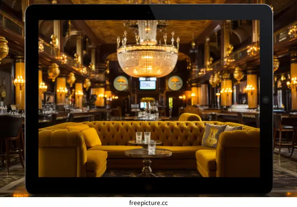 Elegant hotel lobby interior with yellow sofa and crystal chandelier