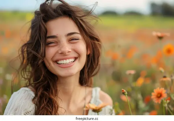 Smiling Woman in a Field of Flowers