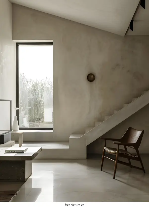 Modern Interior Design With Concrete Walls And Wooden Chair