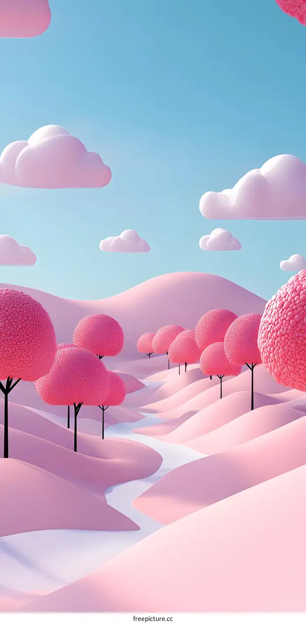Pink Cartoon Landscape with Clouds and a Winding River