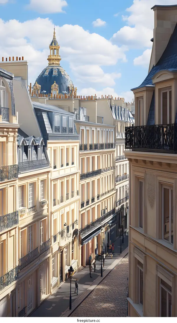 Parisian Street with Golden Dome and People Walking