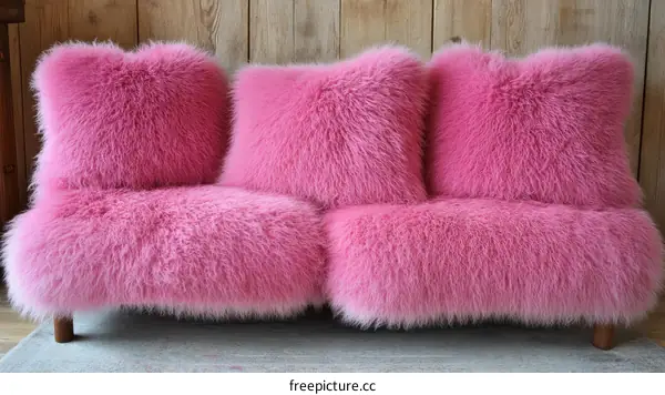 Pink Faux Fur Sofa with Cushions
