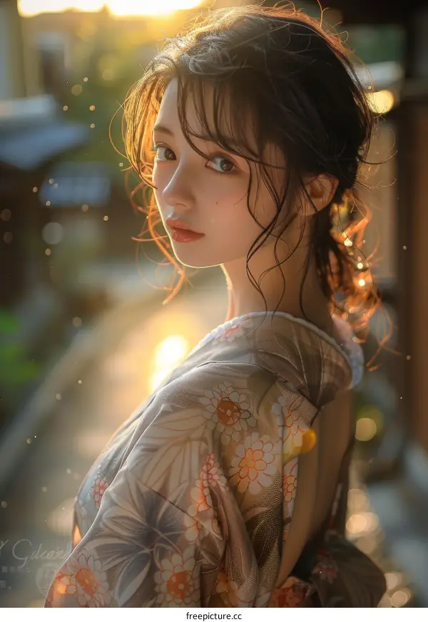 Beautiful Asian Woman in Kimono at Sunset