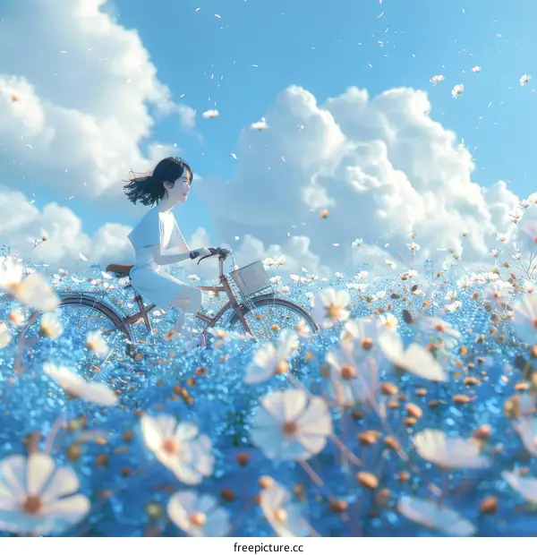A girl riding a bicycle through a field of flowers
