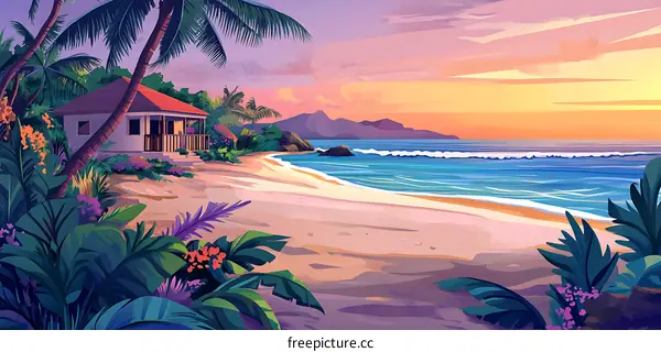 Tropical Beach Sunset Illustration
