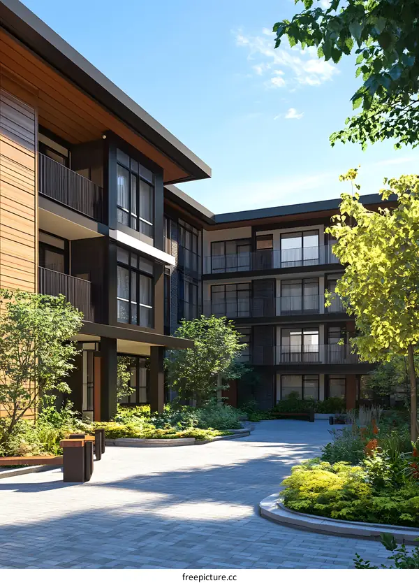 Modern Apartment Building Courtyard with Green Plants