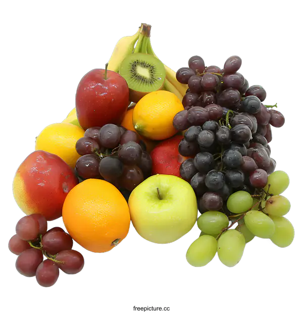 [Transparent Background PNG]Fresh Fruit Arrangement with Red Grapes Green Grapes Apples Oranges Kiwi and Bananas