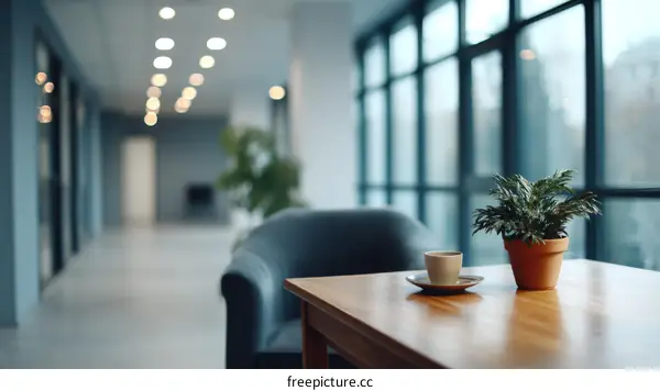 Modern Office Lounge Area with a Cup of Coffee