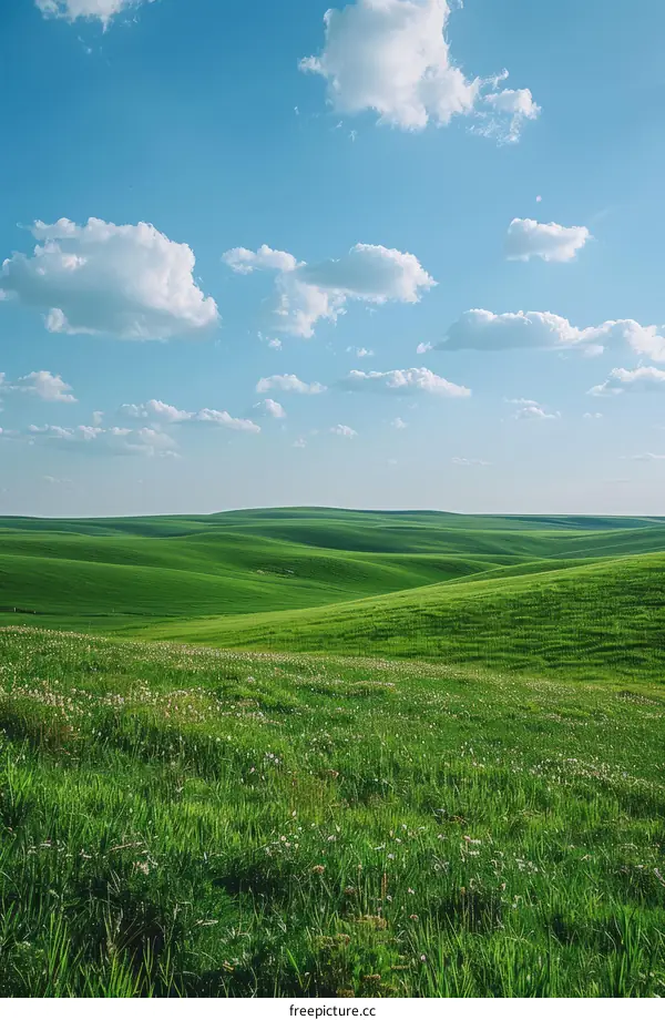 Green rolling hills under blue sky