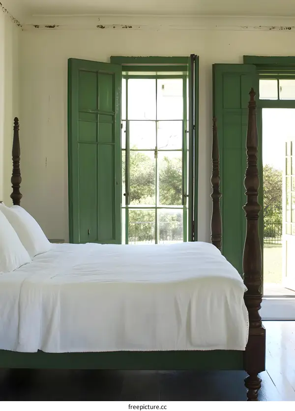 Green Shutters Bedroom with White Bed