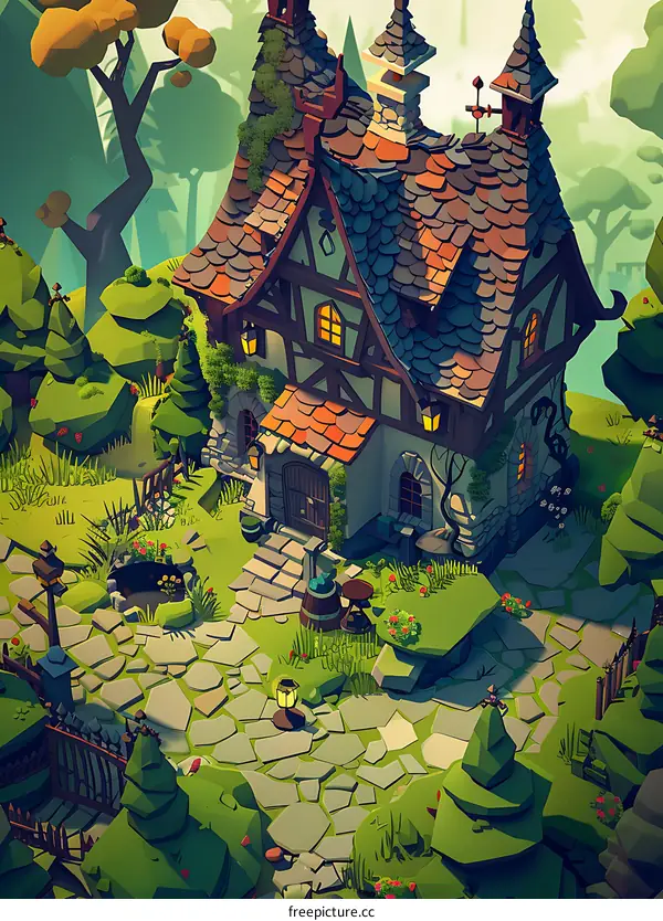 Low Poly Cartoon House in the Forest