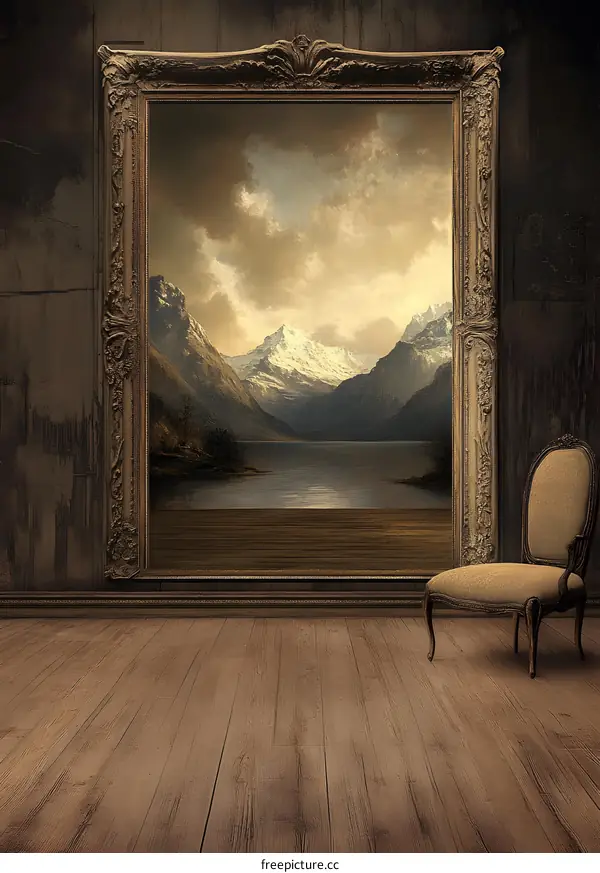 Vintage Ornate Frame With Mountain Lake Painting
