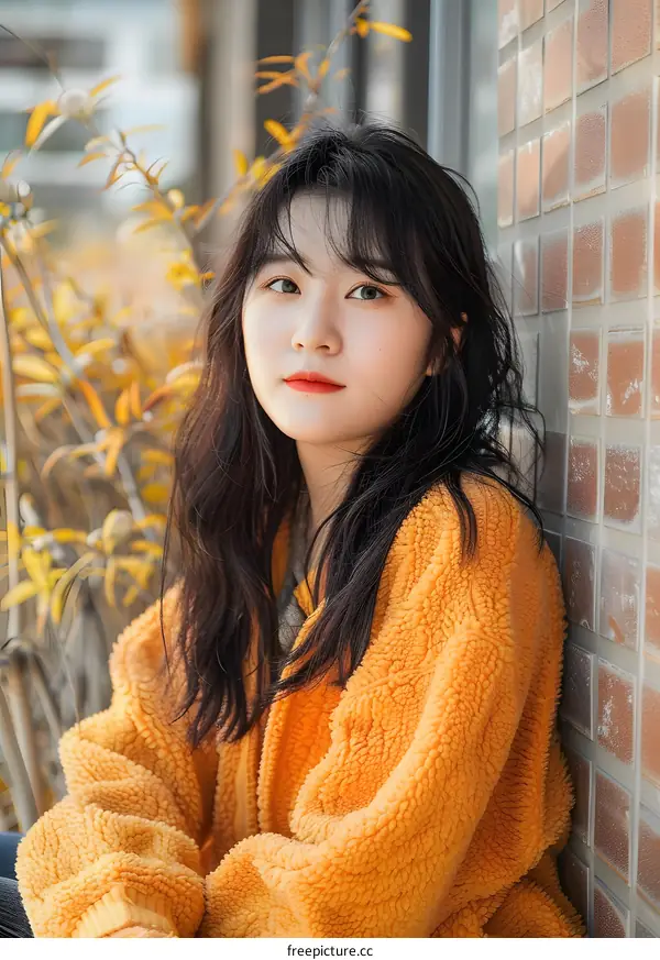 Young Asian Woman Wearing a Yellow Fleece Jacket