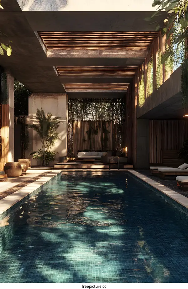 Modern Minimalist Pool With Wooden Accents