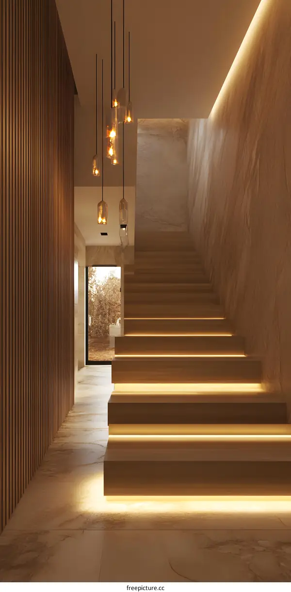 Modern Interior Design with Wooden Stairs and Pendant Lights