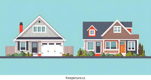 Two Houses Illustration with Front Yard and Garage