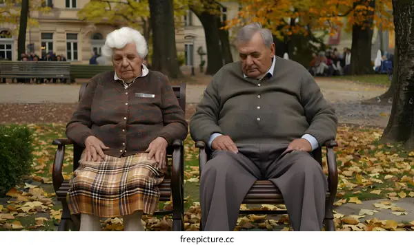 Elderly Couple Sitting on a Bench in a Park in Autumn