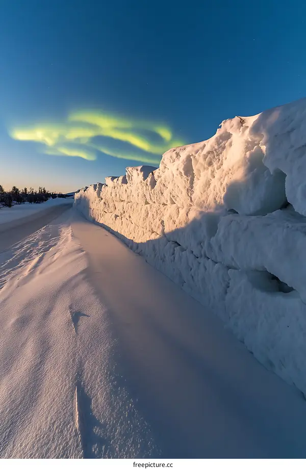 Snow Covered Road With Green Aurora Borealis